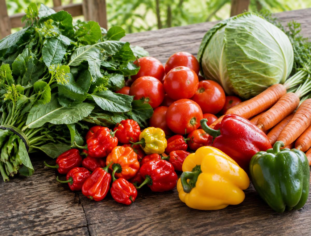 Freshly harvested callaloo, scotch bonnet peppers, tomatoes, cabbage and carrots