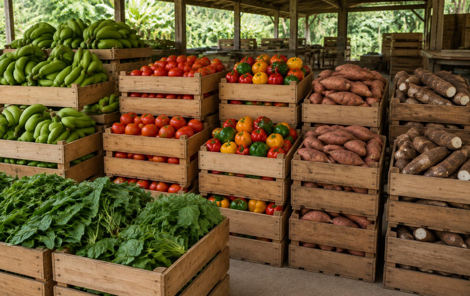 Crates of fresh produce stacked and ready for distribution